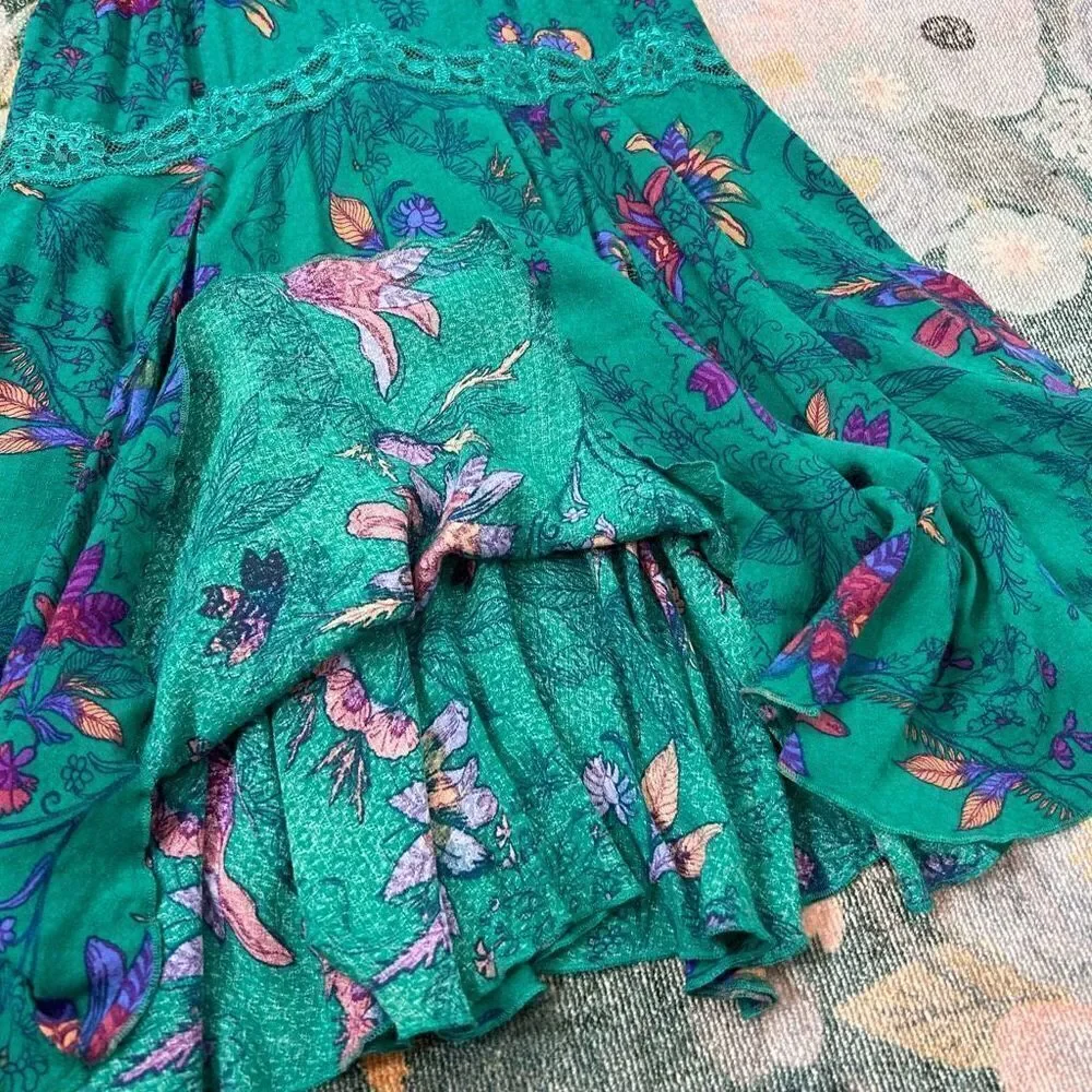 Free People Floral Oversized Mini Slip Dress Turquoise Green XS She Moves Boho